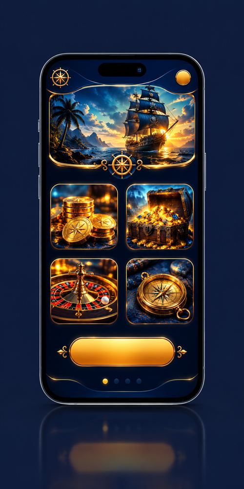 Ein Smartphone mit einer dunkelblauen Casino-Lobby, einem Piratenschiff-Banner und goldenen Spielkacheln