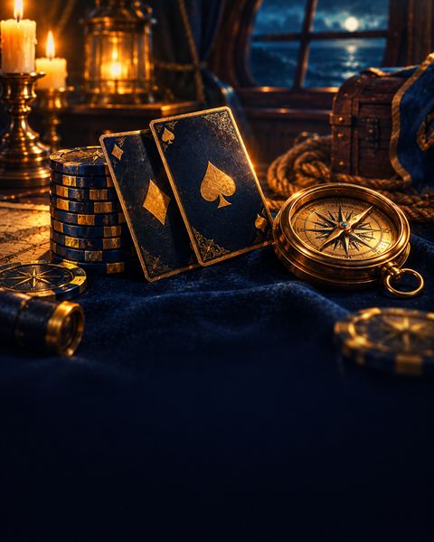 Spielkarten und Chips neben einem Messingkompass auf dunkelblauem Filz